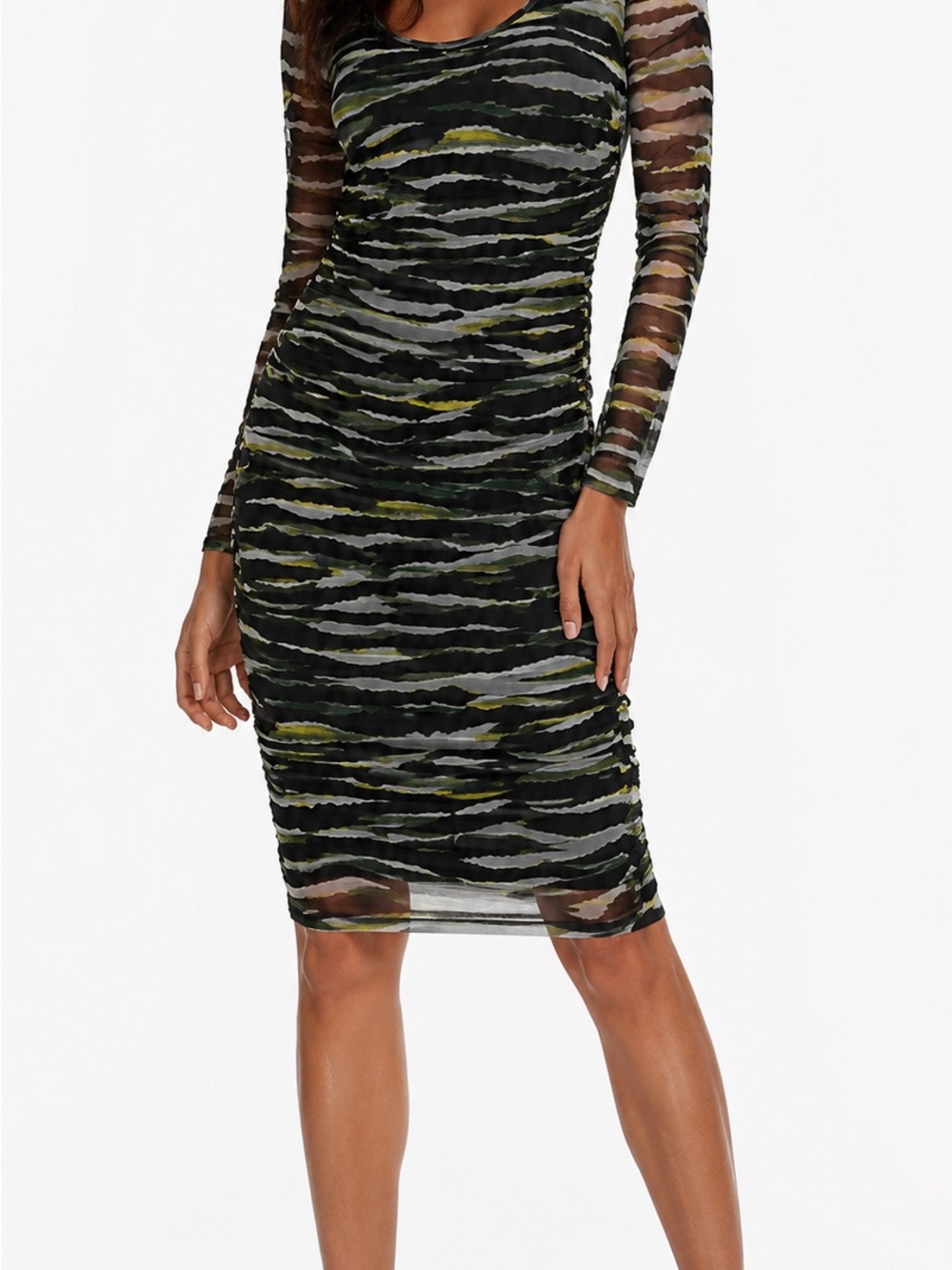 DKNY Olive, Black & Gray Striped Sheer Long-Sleeve Bodycon Dress